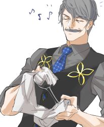 Rule 34 | 1boy, black vest, blue necktie, closed eyes, cup, drinking glass, eighth note, facial hair, facing viewer, fate/grand order, fate (series), grey hair, grey shirt, hair between eyes, highres, james moriarty (archer) (fate), james moriarty (gray collar) (fate), male focus, musical note, mustache, necktie, shirt, solo, towel, trstfx (lina), upper body, vest, wine glass