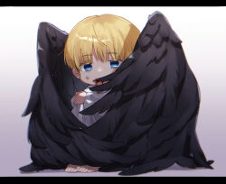 Rule 34 | 1boy, absurdres, axis powers hetalia, barefoot, black wings, blonde hair, blood, blood on clothes, blood on face, blue eyes, child, colored eyelashes, feathered wings, full body, gradient background, grey background, hiding, highres, holy roman empire (hetalia), injury, letterboxed, light particles, long sleeves, looking at viewer, male focus, peeking out, robe, save 1075, short hair, simple background, sitting, solo, white background, white robe, wings