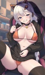 Rule 34 | 1girl, absurdres, ahoge, animal ear headphones, animal ears, b.c, bell, bikini, bikini under clothes, blue eyes, braid, breasts, cameltoe, cat ear headphones, chair, collar, commentary request, fake animal ears, gaming chair, grey hair, hair ornament, headphones, highres, jacket, kizuna akari, large breasts, long hair, medium breasts, navel, neck bell, open clothes, open jacket, open mouth, partially unzipped, sitting, smile, solo, spread legs, swimsuit, swivel chair, thighhighs, twin braids, unzipping, very long hair, voiceroid, zipper