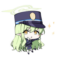 1girl :o absurdres black_hat black_jacket black_skirt blue_archive chibi demon_tail earrings full_body gloves green_hair green_halo halo hat highres hikari_(blue_archive) jacket jewelry komasi long_hair looking_at_viewer pointy_ears sidelocks simple_background skirt solo tail white_background white_gloves yellow_eyes