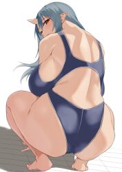 Rule 34 | 1girl, ass, back, blue hair, breasts, competition swimsuit, from behind, horns, large breasts, long hair, looking at viewer, looking back, obmas, one-piece swimsuit, oni, oni horns, original, pointy ears, red eyes, sideboob, solo, squatting, swimsuit