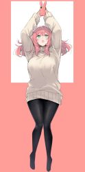 Rule 34 | 1girl, black pantyhose, blush, border, breasts, full body, green eyes, grey sweater, hands up, highres, holding, holding phone, large breasts, long hair, long sleeves, looking up, nekoume, no shoes, open mouth, original, pantyhose, phone, red border, red hair, smartphone case, solo, sweater, white background