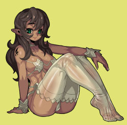 Rule 34 | 1girl, breasts, brown hair, cameltoe, dark-skinned female, dark skin, feet, fengmo, full body, green eyes, large breasts, long hair, looking at viewer, panties, pointy ears, see-through, see-through legwear, shoulder tattoo, simple background, sitting, smile, solo, tattoo, thighhighs, toes, underwear, white thighhighs, yellow background