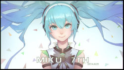 Rule 34 | 10s, 1girl, 2014, aqua eyes, character name, dated, face, floating hair, hatsune miku, head tilt, headphones, highres, san m, smile, solo, twintails, vocaloid