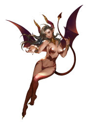 Rule 34 | 1girl, breasts, claws, demon girl, demon horns, demon tail, demon wings, eunyoung jeon, floating hair, full body, highres, horns, large breasts, long hair, navel, official art, pointy ears, simple background, solo, demon girl, tail, white background, wings, wonder 5 masters