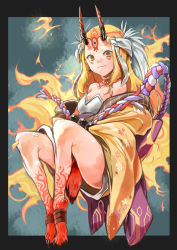 Rule 34 | 1girl, blonde hair, claws, fate/grand order, fate (series), fire, fire, floral print, highres, horns, ibaraki douji (fate), japanese clothes, kimono, legs, looking at viewer, monster girl, oni, tattoo, thighs, toenails, yellow eyes