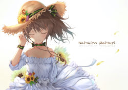 Rule 34 | 1girl, bare shoulders, brown hair, character name, choker, closed mouth, commentary, dress, closed eyes, flower, hat, highres, hololive, matutoki nara05, natsuiro matsuri, petals, ribbon choker, side ponytail, solo, strapless, strapless dress, straw hat, sunflower, virtual youtuber, white background, white dress, wind