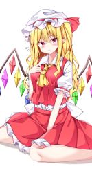 Rule 34 | 1girl, aged up, ascot, blonde hair, blush, bow, breasts, buttons, closed mouth, collared shirt, commentary request, crystal, drill hair, flandre scarlet, frilled skirt, frills, hand on own chest, hat, highres, knees, large breasts, long hair, looking at viewer, mob cap, one side up, pointy ears, puffy short sleeves, puffy sleeves, red bow, red ribbon, red skirt, red vest, ribbon, sabana, shirt, short sleeves, side ponytail, sidelocks, simple background, sitting, skirt, solo, sweatdrop, touhou, vest, wariza, white background, white hair, white hat, white ribbon, white shirt, wing collar, wings, yellow ascot