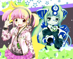 Rule 34 | 2girls, green hair, headphones, long hair, multiple girls, naruse, open mouth, pink hair, short hair, short twintails, smile, twintails, voice fes 2012