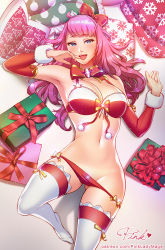 Rule 34 | 1girl, armpits, blue eyes, blush, bow, bra, breasts, christmas, cleavage, commentary, cowboy shot, detached sleeves, gluteal fold, hair bow, long hair, lowleg, lowleg panties, lying, medium breasts, naughty face, on back, original, panties, pink hair, pink lady mage, red bow, red bra, red panties, red theme, solo, thighhighs, tongue, tongue out, underwear, underwear only, white thighhighs