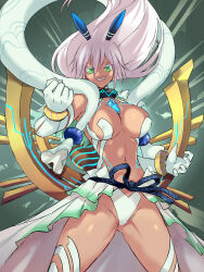 Rule 34 | 1girl, :d, armor, breasts, chest jewel, cleavage, commentary request, dark-skinned female, dark skin, elbow gloves, gloves, glowing, glowing eyes, green eyes, grin, highres, large breasts, long hair, looking at viewer, navel, negresco, open mouth, panties, revealing clothes, revision, simple background, smile, solo, stomach, teeth, underwear, v-shaped eyebrows, white gloves, white hair, xenoblade chronicles (series), xenoblade chronicles 2, zenobia (xenoblade)