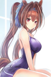 Rule 34 | 1girl, animal ears, bare arms, bare shoulders, between legs, blue one-piece swimsuit, blush, breasts, brown hair, closed mouth, commentary request, daiwa scarlet (umamusume), from side, hair between eyes, hair intakes, hand between legs, horse ears, horse girl, horse tail, large breasts, long hair, looking at viewer, looking to the side, nannacy7, one-piece swimsuit, red eyes, school swimsuit, solo, swimsuit, tail, tiara, twintails, umamusume, very long hair