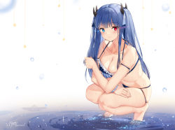 Rule 34 | 1girl, azur lane, bare arms, bare legs, bare shoulders, barefoot, bikini, blue bikini, blue eyes, blue hair, breasts, cleavage, closed mouth, collarbone, commentary request, frilled bikini, frills, hair ribbon, heterochromia, highres, ibuki (azur lane), long hair, maya g, medium breasts, navel, red eyes, ribbon, shallow water, skindentation, smile, solo, squatting, swimsuit, tiptoes, two side up, very long hair, water, white ribbon