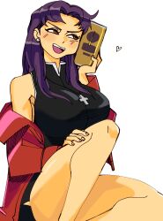 Rule 34 | 1girl, 3amsoda, absurdres, alcohol, armpit crease, beer, black dress, blush, breasts, brown eyes, commentary, cross, cross necklace, dress, drunk, earrings, english commentary, heart, highres, jacket, jewelry, katsuragi misato, large breasts, long hair, necklace, neon genesis evangelion, open clothes, open jacket, open mouth, purple hair, red jacket, simple background, sitting, solo, teeth, upper teeth only, white background