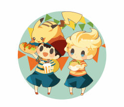 Rule 34 | 2boys, backpack, bag, blue shorts, blush stickers, brown bag, burger, creatures (company), crossover, cup, food, full body, game freak, gen 1 pokemon, hitofutarai, holding, holding burger, holding cup, holding food, hot dog, lucas (mother 3), male focus, mother (game), mother 2, mother 3, multiple boys, ness (mother 2), nintendo, on head, open mouth, orange footwear, pikachu, pokemon, pokemon (creature), pokemon on head, red footwear, shirt, shorts, solid oval eyes, string of flags, striped clothes, striped shirt