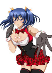 Rule 34 | 1girl, bashoku youjou, blue hair, blush, bow, breasts, cleavage, female focus, gloves, holding, ikkitousen, looking at viewer, microphone, plaid, plaid skirt, purple eyes, simple background, skirt, solo, thighhighs, white background, zettai ryouiki