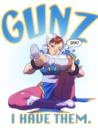 Rule 34 | 1girl, aiming, back-seamed legwear, boots, bracelet, breasts, brown eyes, brown hair, bun cover, capcom, china dress, chinese clothes, chun-li, cross-laced footwear, double bun, dress, earrings, english text, jewelry, lace-up boots, large breasts, pantyhose, pelvic curtain, robaato, sash, seamed legwear, short hair, sitting, solo, spiked bracelet, spikes, street fighter, thick thighs, thighs