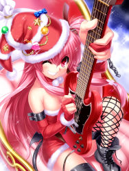 Rule 34 | 1girl, alternate costume, angel beats!, chain, choker, christmas, cross-laced footwear, demon tail, dress, elbow gloves, electric guitar, fishnet thighhighs, fishnets, foreshortening, fur-trimmed dress, fur trim, gibson sg, gloves, grin, guitar, hair ribbon, hat, highres, instrument, long hair, looking at viewer, partially fingerless gloves, perspective, pink eyes, pink hair, red dress, red gloves, red hat, ribbon, sack, santa hat, sitting, sleigh, smile, solo, strapless, strapless dress, tail, thighhighs, two side up, yui (angel beats!), zen