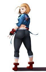 Rule 34 | 1girl, absurdres, ahoge, ass, blonde hair, boots, cammy white, closed mouth, commentary, cropped jacket, facial scar, fingerless gloves, fingernails, flag print, full body, gloves, highres, jacket, lips, looking at viewer, looking back, luxpineapple, midriff, pants, red footwear, scar, scar on cheek, scar on face, shadow, short hair, short sleeves, simple background, skin tight, smile, solo, standing, street fighter, street fighter 6, white background