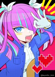 Rule 34 | 1girl, :d, absurdres, blue eyes, blue hair, blue jacket, commentary request, eyeliner, gloves, guillaume hall, hair over one eye, hair ribbon, heart, highres, jacket, long hair, long sleeves, looking at viewer, master detective archives: rain code, monaka (monaka alola), multicolored hair, ok sign, ok sign over eye, open mouth, pink eyeliner, pink hair, ribbon, sharp teeth, shirt, smile, solo, streaked hair, teeth, twintails, twitter username, white gloves, white shirt