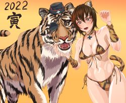 Rule 34 | 1girl, 2022, animal ears, animal print, arm warmers, bikini, black hat, breasts, brown eyes, brown hair, chinese zodiac, choker, claw pose, cleavage, commentary request, eyepatch, fake animal ears, fake tail, fangs, fingernails, front-tie bikini top, front-tie top, garrison cap, girls und panzer, grass, halterneck, hat, highres, jewelry, kuromorimine military uniform, large breasts, looking at viewer, military hat, navel, new year, nishizumi maho, open mouth, orange background, orange bikini, orange choker, partial commentary, pendant, print bikini, print choker, sharp fingernails, short hair, side-tie bikini bottom, smile, solo, standing, string bikini, swimsuit, tail, tiger, tiger ears, tiger print, tiger tail, tigern (tigern28502735), year of the tiger