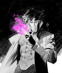 Rule 34 | 1boy, absurdres, artist name, commentary, dan mora, english commentary, fingerless gloves, gambit, gloves, glowing, greyscale with colored background, highres, jacket, long sleeves, looking at viewer, male focus, marvel, monochrome, simple background, solo, spoilers, western comics (style), x-men, x-men: the animated series