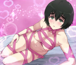 Rule 34 | 0byte, 10s, 1girl, bare shoulders, bed sheet, black hair, blush, bow, bowtie, breasts, furrowed brow, green eyes, hair between eyes, heart, heart background, looking at viewer, lying, medium breasts, naked ribbon, navel, nipples, on side, open mouth, parted lips, pink background, pink bow, pink bowtie, ribbon, shiina mayuri, short hair, solo, sparkle, steins;gate, steins;gate 0, tareme, thick eyebrows