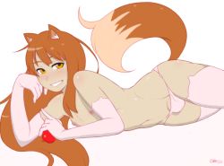 Rule 34 | 1boy, animal ears, apple, arm support, bulge, colorized, dross, elbow gloves, food, fruit, genderswap, genderswap (ftm), gloves, holo, long hair, looking at viewer, smirk, smug, spice and wolf, tail, thighhighs, third-party edit, topless, trap