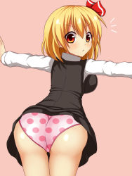 Rule 34 | 1girl, :&lt;, ass, bad id, bad pixiv id, black dress, blonde hair, blush, breasts, clothes lift, commentary request, dress, dress lift, hair ribbon, haniwagi (hal), large breasts, long sleeves, looking at viewer, looking back, outstretched arms, panties, pink background, pink panties, polka dot, polka dot panties, red eyes, ribbon, rumia, shirt, simple background, solo, touhou, underwear