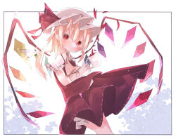 Rule 34 | 1girl, ascot, blonde hair, cowboy shot, crystal, cup, dress, flandre scarlet, frills, from side, hat, hat ribbon, highres, holding, holding cup, looking at viewer, medium hair, mob cap, nacht musik, red dress, red eyes, red ribbon, ribbon, simple background, solo, touhou, wings, yellow ascot