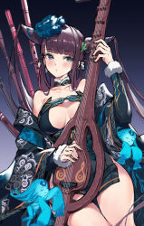 Rule 34 | 1girl, bare shoulders, black dress, blue eyes, blush, breasts, china dress, chinese clothes, cleavage, detached collar, dress, fate/grand order, fate (series), flute, hair ornament, heroic spirit tour outfit, highres, instrument, large breasts, long hair, long sleeves, looking at viewer, mo xiaoxue, off shoulder, pipa (instrument), purple hair, side slit, sidelocks, thighs, twintails, very long hair, wide sleeves, yang guifei (fate), yang guifei (tour outfit) (fate)