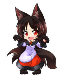 Rule 34 | &gt;:d, 1girl, :d, animal ear fluff, animal ears, animal hands, blush, brooch, brown hair, chibi, dress, fang, fox tail, full body, hands up, imaizumi kagerou, jewelry, kazami karasu, lavender dress, long hair, long sleeves, looking at viewer, monster girl, multicolored clothes, multicolored dress, off-shoulder dress, off shoulder, open mouth, paw pose, red dress, red eyes, simple background, smile, solo, sweatdrop, tail, touhou, v-shaped eyebrows, very long hair, white background, white dress, wolf ears, wolf girl, wolf paws, wolf tail
