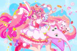 Rule 34 | 2girls, :q, absurdres, animal ears, artist name, big hair, boots, bow, brooch, cake, candy, choker, commentary, cone hair bun, cure precious, cure whip, dated, delicious party precure, double bun, dress, english commentary, flexing, food, food-themed hair ornament, frilled hairband, frills, fruit, gloves, hair bow, hair bun, hair ornament, hairband, hand on another&#039;s shoulder, heart, heart brooch, high heel boots, high heels, highres, in-franchise crossover, jewelry, kirakira precure a la mode, kome-kome (precure), leg up, lollipop, long hair, looking at viewer, looking back, magical girl, medium dress, multiple girls, nagomi yui, onigiri, open mouth, outstretched arms, pekorin (precure), pink choker, pink dress, pink hair, precure, puffy short sleeves, puffy sleeves, purple eyes, rabbit ears, rabbit tail, red choker, red footwear, short dress, short sleeves, smile, spread arms, standing, standing on one leg, strawberry, strawberry shortcake, tail, teruhii, tongue, tongue out, twintails, two side up, usami ichika, very long hair, white gloves