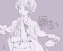 Rule 34 | 1girl, andressina, coat, coat on shoulders, crossdressing, destiny child, hand on mouth, iphis (destiny child), long sleeves, looking at viewer, monochrome, necktie, short hair, tagme