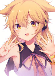 Rule 34 | 1girl, bare shoulders, blonde hair, blush, bow, bowtie, bracelet, collared dress, commentary request, dress, earmuffs, gold bracelet, hair between eyes, hands up, highres, jewelry, looking at viewer, pointy ears, purple bow, purple bowtie, short hair, simple background, sleeveless, sleeveless dress, smile, solo, tama (soon32281), tongue, touhou, toyosatomimi no miko, upper body, white background, white dress, yellow eyes