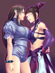 Rule 34 | 2girls, alternate hairstyle, aura, bare shoulders, bracelet, breast press, breasts, capcom, chinese clothes, chun-li, crossover, dark persona, detached sleeves, drill hair, dudou, elbow gloves, fingerless gloves, forehead jewel, gloves, glowing, glowing eye, glowing eyes, hair down, halterneck, halterneck, han juri, jewelry, long hair, low-tied long hair, mind control, multiple girls, no legwear, red hair, ryourou (edexigerero), spiked bracelet, spikes, street fighter, street fighter ii v, street fighter iv (series), symmetrical docking, twin drills, twintails