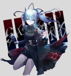 Rule 34 | 1girl, belt, black gloves, black ribbon, blue eyes, blue hair, chest belt, closed mouth, cyawa, floral print, gloves, hair ribbon, highres, holding, holding microphone, hololive, hoshimachi suisei, hoshimachi suisei (shout in crisis), long hair, long sleeves, microphone, official alternate costume, official alternate hairstyle, ponytail, ribbon, shorts, single glove, solo, virtual youtuber