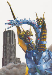 Rule 34 | alien, alternate form, amputee, armor, blue eyes, building, cannon, conjoined, cyborg, directed-energy weapon, dragon, energy, energy cannon, energy weapon, giant, giant monster, glowing mouth, godzilla (series), godzilla vs. king ghidorah, gravity laser cannon, green eyes, hydra, japan, kaida yuji, kaijuu, king ghidorah, laser cannon, looking at viewer, mecha, mecha-king ghidorah, monster, mouth cannon, multiple heads, prosthesis, prosthetic head, prosthetic wing, real world location, red eyes, robot, simple background, smoke, solar panel, solar panel wings, solo, toho, tokyo (city), tokyo metropolitan government building, tongue, tongue out, white background