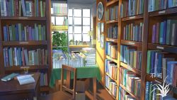 Rule 34 | book, bookshelf, box, cardboard box, chair, clock, commentary request, day, highres, indoors, lamp, light rays, no humans, open book, original, pencil, picture frame, plant, potted plant, scrunchie, shelf, sunlight, table, watermark, window, xingzhi lv
