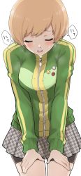 Rule 34 | 1girl, badge, bike shorts, blonde hair, blush, breath, button badge, close-up, cowboy shot, closed eyes, green sweater, highres, jacket, kurosususu, open mouth, persona, persona 4, satonaka chie, short hair, shorts, shorts under skirt, simple background, skirt, solo, standing, sweat, sweater, teeth, track jacket, upper teeth only, white background