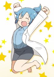Rule 34 | 1girl, \o/, arms up, barefoot, black skirt, blue hair, blue shirt, blush stickers, clenched hands, closed eyes, collared shirt, commentary request, jumping, lab coat, long sleeves, outstretched arms, pencil skirt, ponytail, shirt, short ponytail, sidelocks, skirt, solo, star (symbol), starry background, tsukigi, twitter, twitter-san, twitter-san (character)