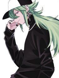 Rule 34 | 1boy, alternate costume, bead necklace, beads, black hat, black sweater, closed mouth, commentary, creatures (company), cross, cross earrings, earrings, from side, game freak, green hair, grey eyes, hand up, hat, highres, jewelry, kana (kanna runa0620), long hair, long sleeves, male focus, n (pokemon), necklace, nintendo, pokemon, pokemon bw, ring, smile, sweater, turtleneck, turtleneck sweater, upper body