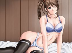 Rule 34 | 00s, 1girl, bed, bible black, bra, brown hair, collarbone, game cg, green eyes, imari kurumi, lying, multicolored bra, multicolored clothes, on side, one eye closed, panties, sei shoujo, solo, striped clothes, striped panties, thighhighs, underwear, wince