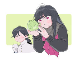 Rule 34 | 1boy, 1girl, :&lt;, animal cup, black hair, black shirt, blush, closed mouth, cup, curious, fate/grand order, fate (series), fingernails, frown, gloves, grey scarf, holding, holding cup, long sleeves, oneroom-disco, oryou (fate), pink eyes, pink ribbon, ponytail, ribbon, sakamoto ryouma (fate), scarf, shirt, smile, white gloves