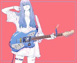 Rule 34 | 1girl, akira 13go, bandaid, bandaid on hand, bandaid on leg, blue hair, bug, colored inner hair, colored skin, constellation print, electric guitar, gradient hair, green hair, guitar, hair over one eye, hand up, highres, holding, holding guitar, holding instrument, instrument, jewelry, long hair, looking at viewer, multicolored hair, original, red background, red nails, ring, shirt, signature, simple background, solo, standing, strap, thigh strap, two-tone hair, white shirt, white skin, wide sleeves