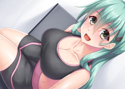 Rule 34 | 1girl, aqua hair, blush, breasts, cleavage, collarbone, green eyes, hair between eyes, hair ornament, hairclip, highres, kantai collection, large breasts, long hair, looking at viewer, open mouth, ruin re birth, sidelocks, sitting, solo, sports bra, sportswear, suzuya (kancolle), sweat