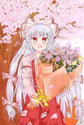 Rule 34 | 00s, 1girl, :d, amatou3, blush, bobobo-bo bo-bobo, bouquet, bow, cherry blossoms, crossover, don patch, female focus, flower, fujiwara no mokou, hair bow, hair ribbon, highres, long hair, ofuda, open mouth, pants, petals, red eyes, ribbon, silver hair, smile, solo, suspenders, touhou, tree, very long hair