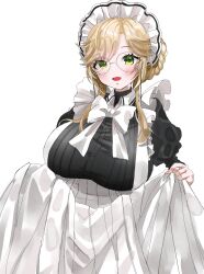 Rule 34 | 1girl, :d, ade (nikke), apron, black dress, blonde hair, blush, bow, bowtie, braid, breasts, dress, glasses, goddess of victory: nikke, green eyes, highres, huge breasts, juliet sleeves, large breasts, long hair, long sleeves, maid, maid headdress, open mouth, puffy sleeves, sidelocks, simple background, skirt hold, smile, solo, uniofthedead, white apron, white background, white bow, white bowtie