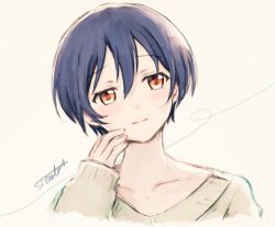 Rule 34 | 1girl, alternate hair length, alternate hairstyle, blue hair, blush, closed mouth, commentary request, hair between eyes, head tilt, long sleeves, looking at viewer, love live!, love live! school idol project, portrait, short hair, signature, simple background, smile, solo, sonoda umi, suito, white background, yellow eyes
