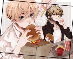 Rule 34 | 2boys, bag, black hair, black jacket, blonde hair, blue eyes, brown eyes, burger, collared shirt, cup, disposable cup, drinking straw, food, food in mouth, food on face, french fries, hair between eyes, hanemiya kazutora, highres, holding, holding food, jacket, long sleeves, looking at viewer, male focus, matsuno chifuyu, multicolored hair, multiple boys, neck tattoo, nitijoy2, paper bag, shirt, short hair, streaked hair, tattoo, tokyo revengers, undercut, upper body, wavy hair, white shirt, wiping mouth